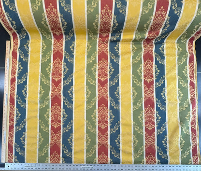 Scalamandre Cortona Stripe Bleu Gold Green Red Under the Tuscany Sun Renaissance Artichoke Damask Strie Stripe Cotton Blend -By The Yard