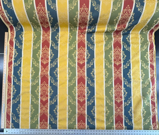 Scalamandre Cortona Stripe Bleu Gold Green Red Under the Tuscany Sun Renaissance Artichoke Damask Strie Stripe Cotton Blend -By The Yard
