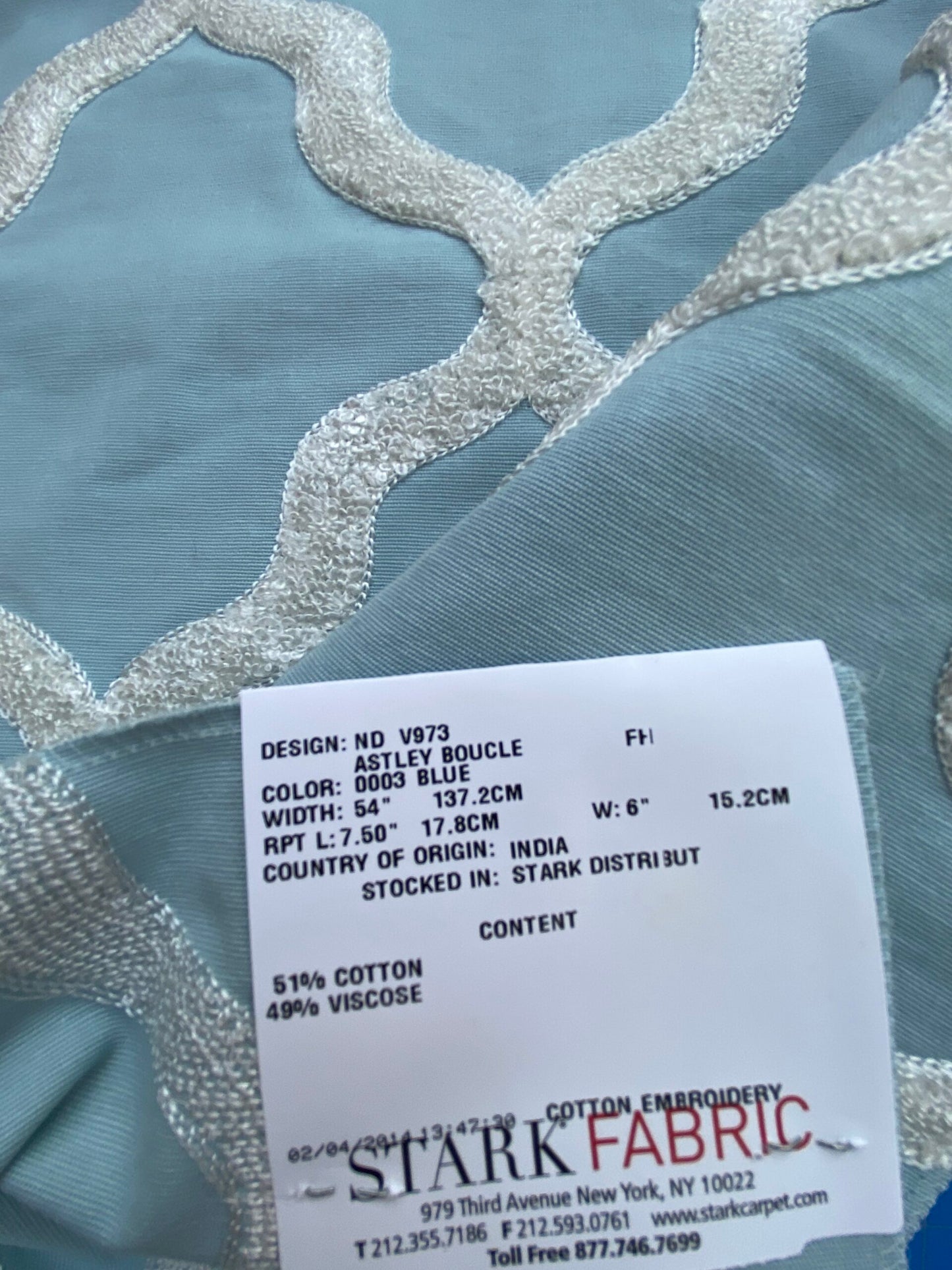 14 Berkbox75 Square Embroidery by Fonthill Astley Boucle Blue 1yd x 25" Diamond Ogee MSRP USD 338/Y