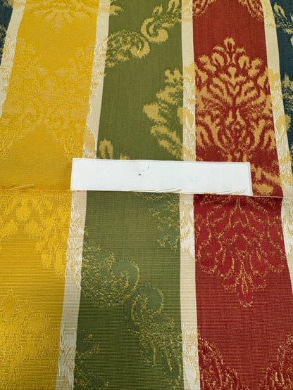 Scalamandre Cortona Stripe Bleu Gold Green Red Under the Tuscany Sun Renaissance Artichoke Damask Strie Stripe Cotton Blend -By The Yard