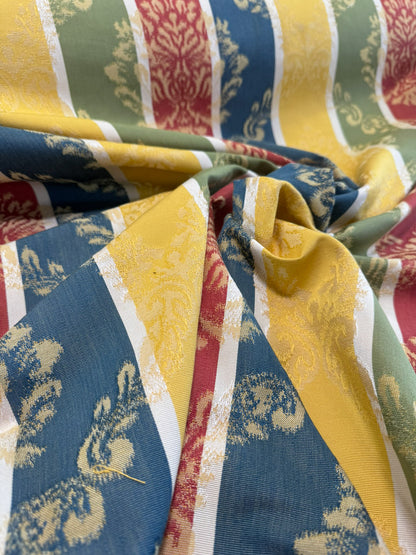 Scalamandre Cortona Stripe Bleu Gold Green Red Under the Tuscany Sun Renaissance Artichoke Damask Strie Stripe Cotton Blend -By The Yard