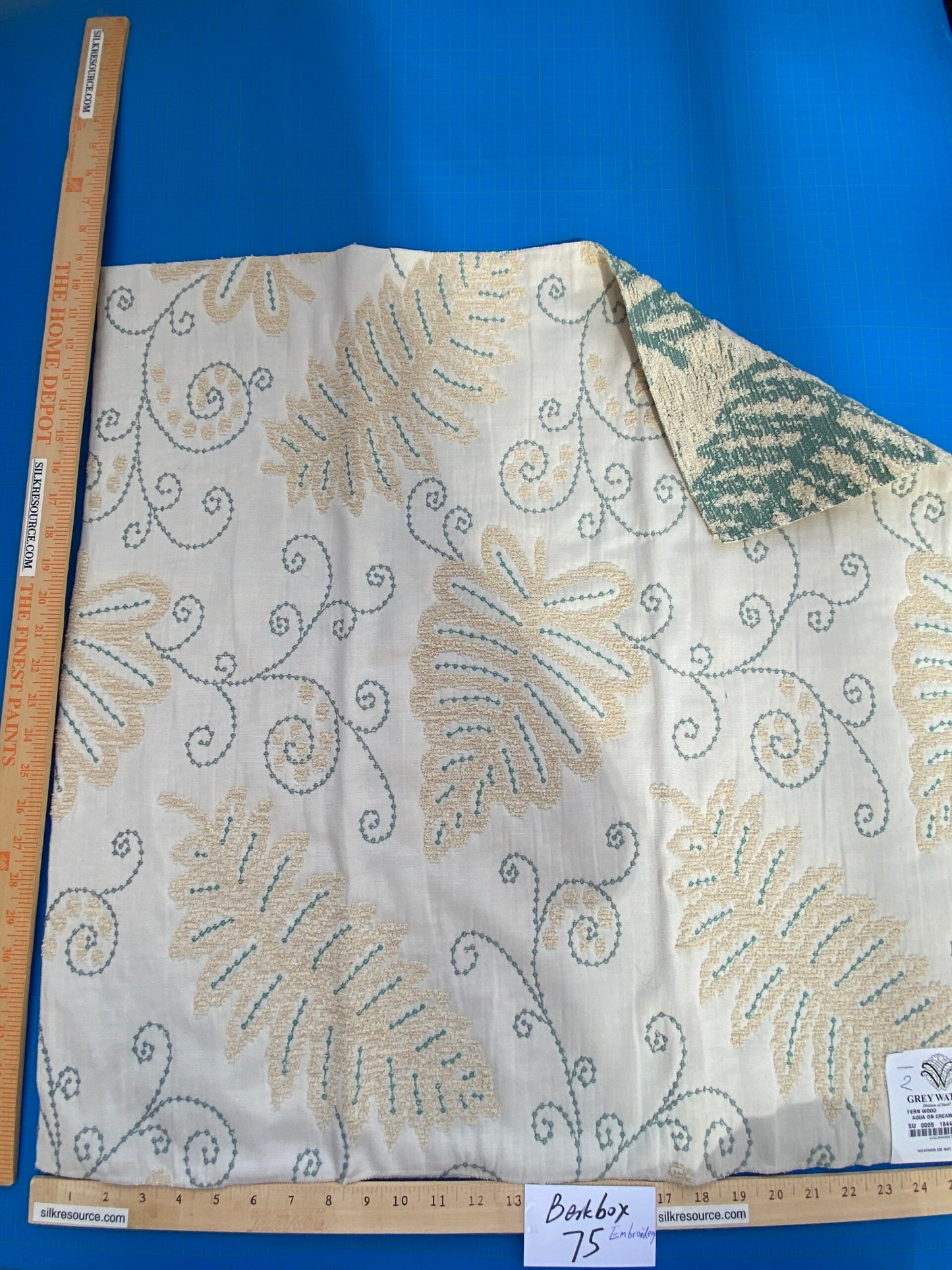 16 Berkbox75 Square Embroidery by Grey Watkins Fern Wood Aqua on Cream Foliage Outdoor MSRP USD 372/Y