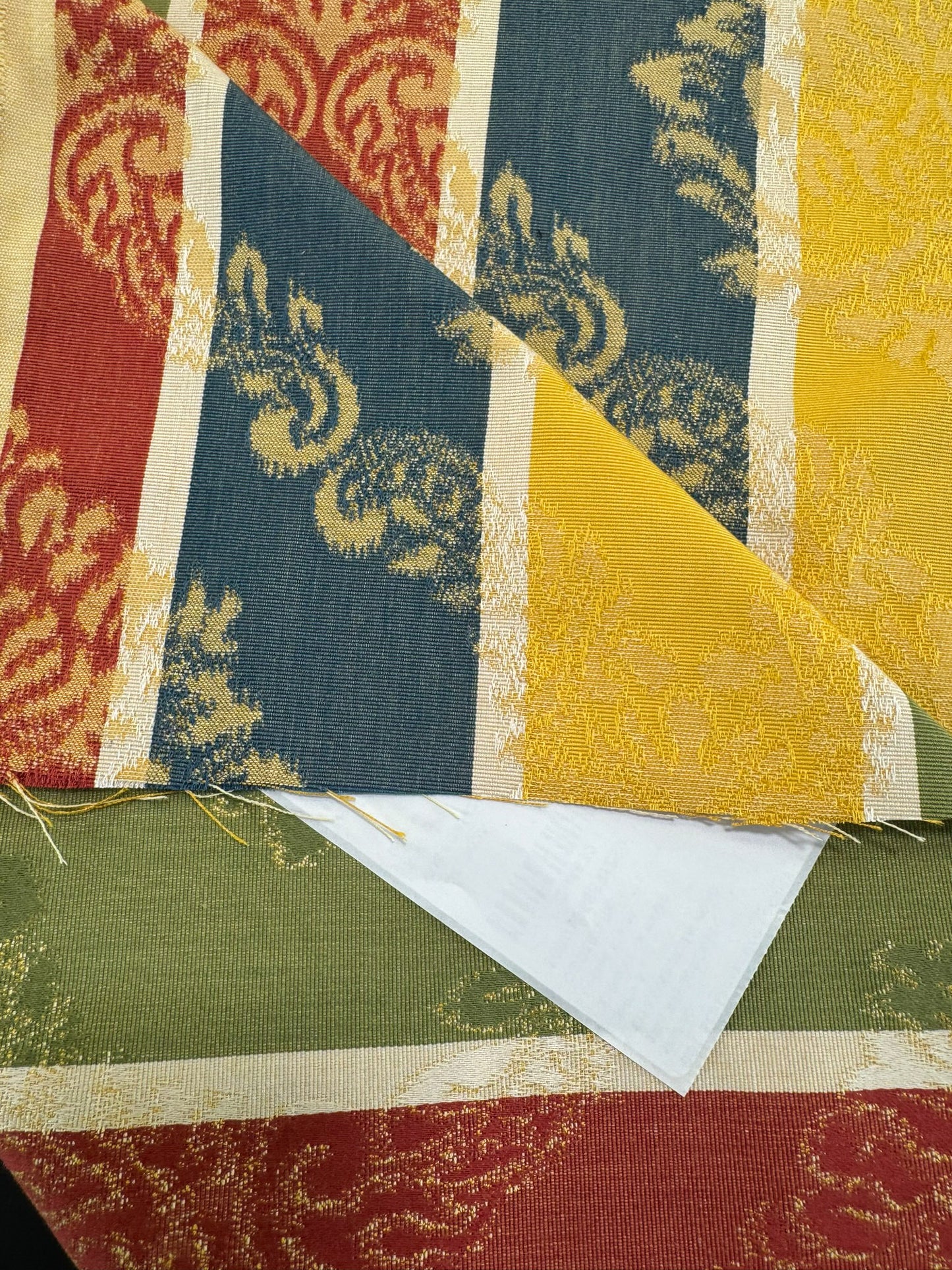 Scalamandre Cortona Stripe Bleu Gold Green Red Under the Tuscany Sun Renaissance Artichoke Damask Strie Stripe Cotton Blend -By The Yard