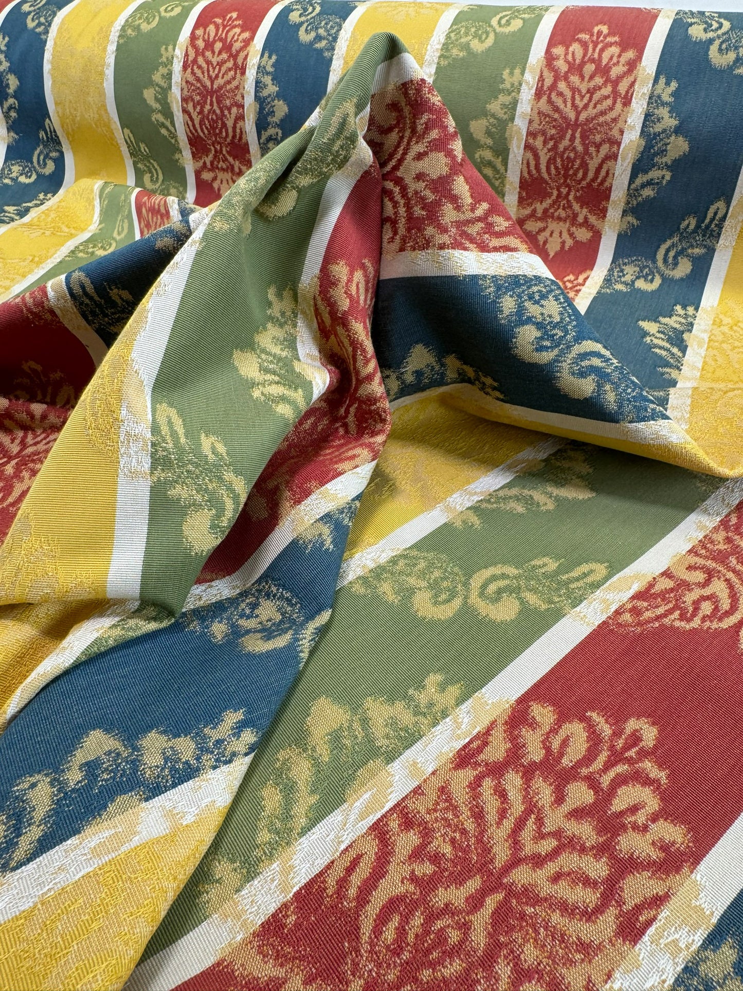 Scalamandre Cortona Stripe Bleu Gold Green Red Under the Tuscany Sun Renaissance Artichoke Damask Strie Stripe Cotton Blend -By The Yard