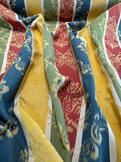 Scalamandre Cortona Stripe Bleu Gold Green Red Under the Tuscany Sun Renaissance Artichoke Damask Strie Stripe Cotton Blend -By The Yard