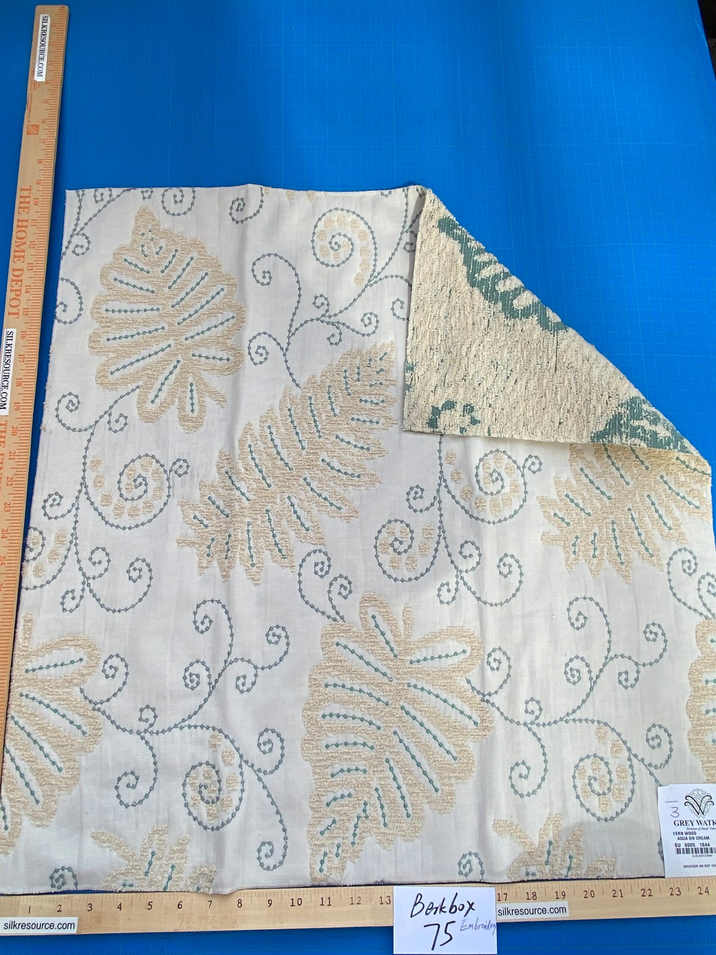 17 Berkbox75 Square Embroidery by Grey Watkins Fern Wood Aqua on Cream Foliage Outdoor MSRP USD 372/Y