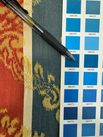 Scalamandre Cortona Stripe Bleu Gold Green Red Under the Tuscany Sun Renaissance Artichoke Damask Strie Stripe Cotton Blend -By The Yard