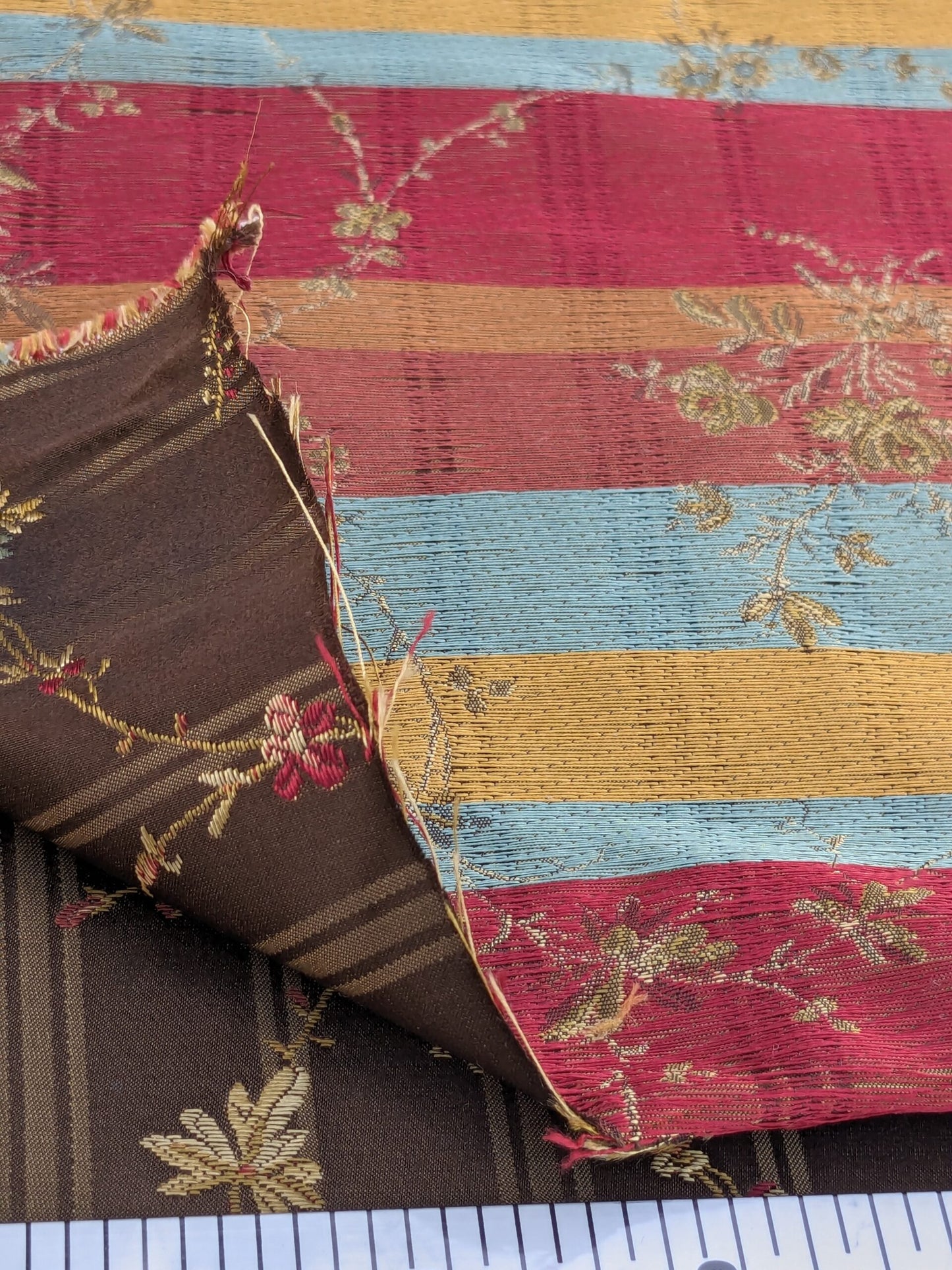 Scalamandre Eveline Truffle Classic French Rococo Silk Lampas Eveline in Truffle Brown Gold Blue Red MSRP USD320/y