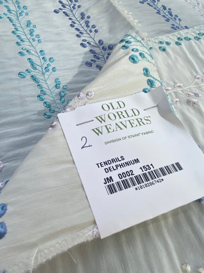 20 Berkbox75 Square Embroidery by Old World Weavers Tendrils Delphinium Blue on White Linen Embroidered Leaf Dot Stripe MSRP USD 300+/Y