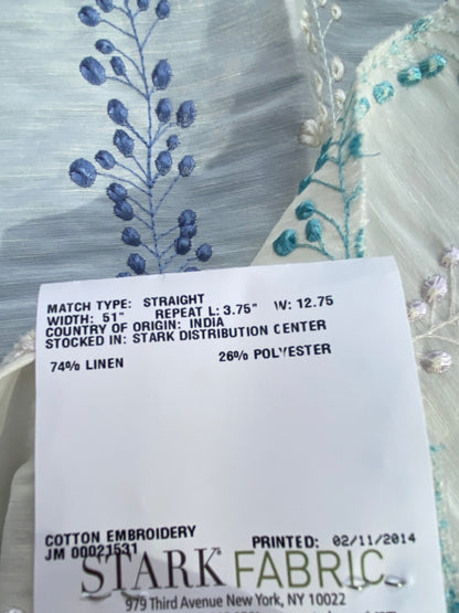 20 Berkbox75 Square Embroidery by Old World Weavers Tendrils Delphinium Blue on White Linen Embroidered Leaf Dot Stripe MSRP USD 300+/Y