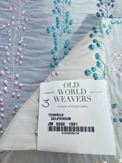 21 Berkbox75 Square Embroidery by Old World Weavers Tendrils Delphinium Blue on White Linen Embroidered Leaf Dot Stripe MSRP USD 300+/Y