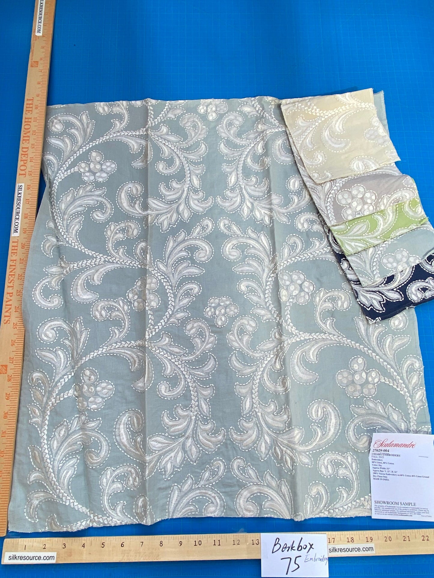 22 Berkbox75 Square Embroidery by Scalamandre Chiara Em Floral white on Gray MSRP USD 576/Y