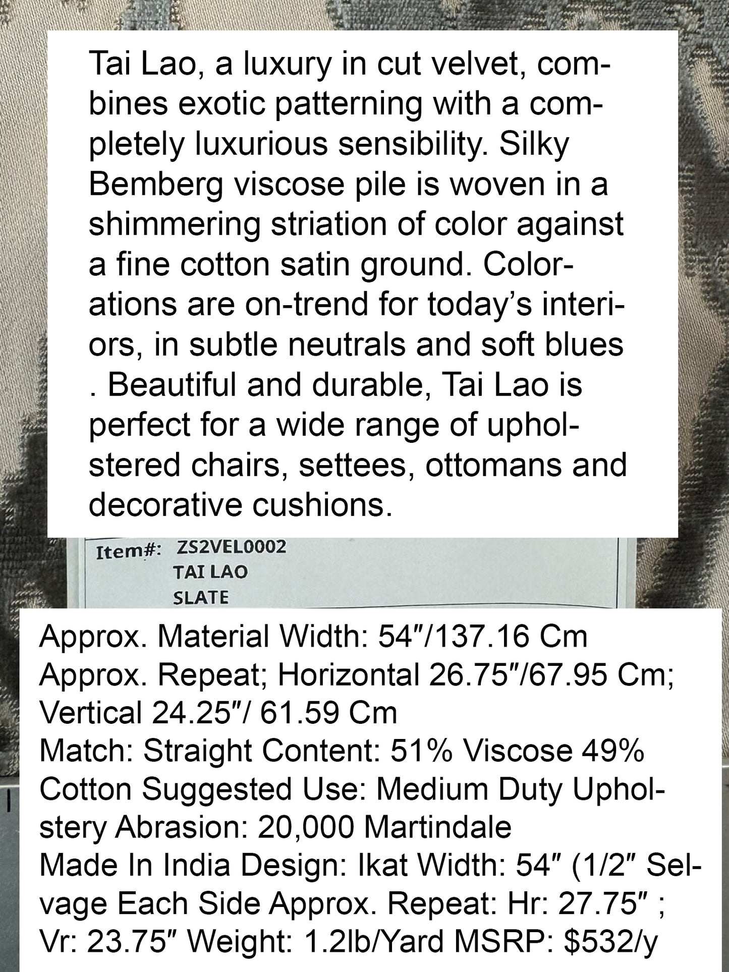 Scalamandre  Tai Lao Slate Gray Beige Velvet Ikat Paisley Viscose Cotton - By The Yard- MSRP USD 532/y