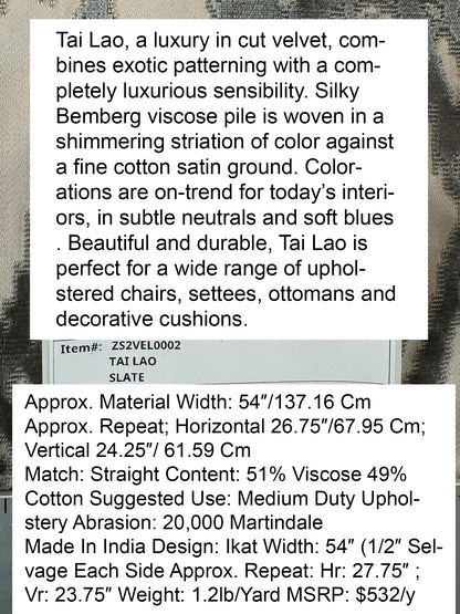 Scalamandre  Tai Lao Slate Gray Beige Velvet Ikat Paisley Viscose Cotton - By The Yard- MSRP USD 532/y