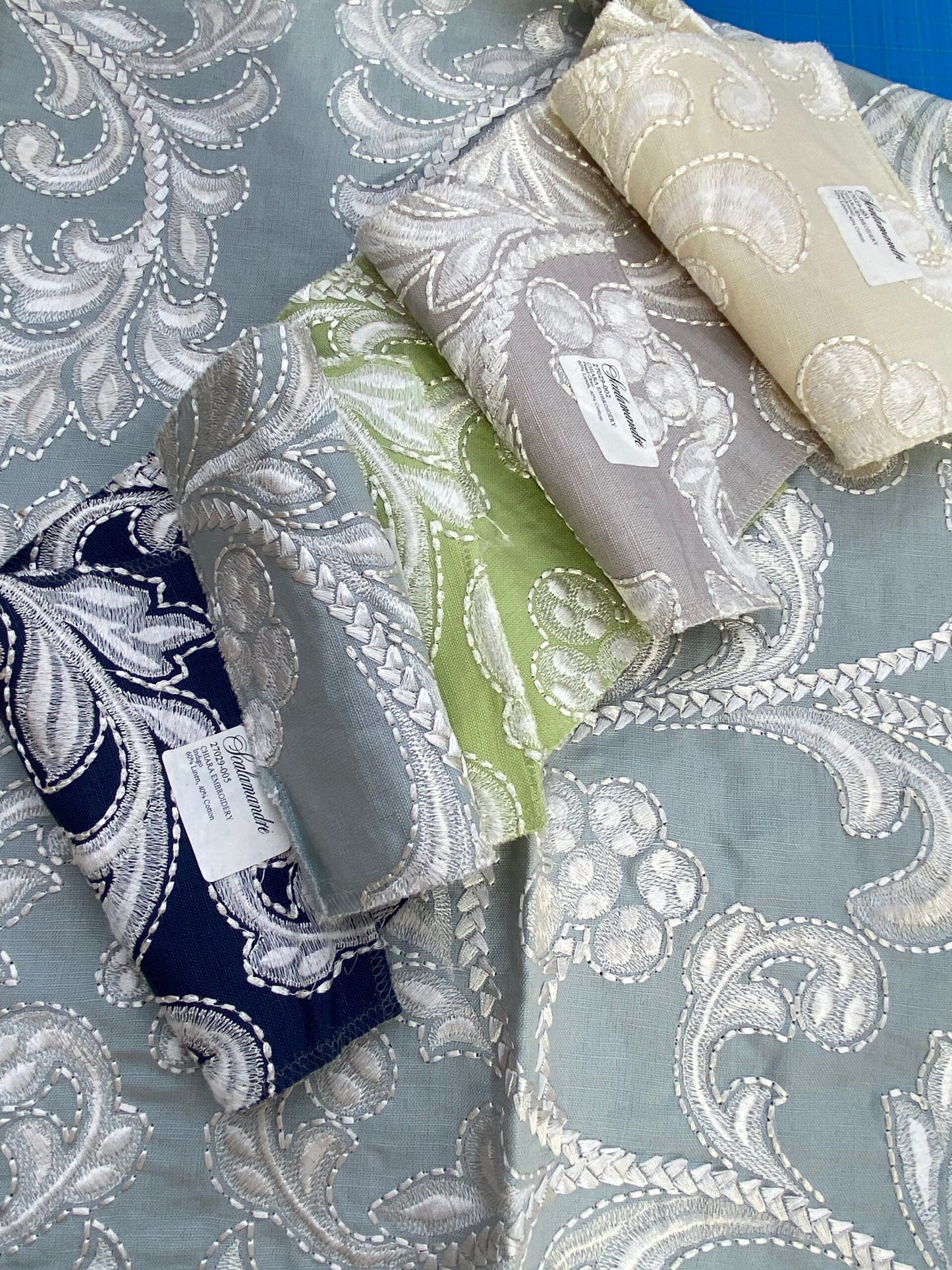 22 Berkbox75 Square Embroidery by Scalamandre Chiara Em Floral white on Gray MSRP USD 576/Y