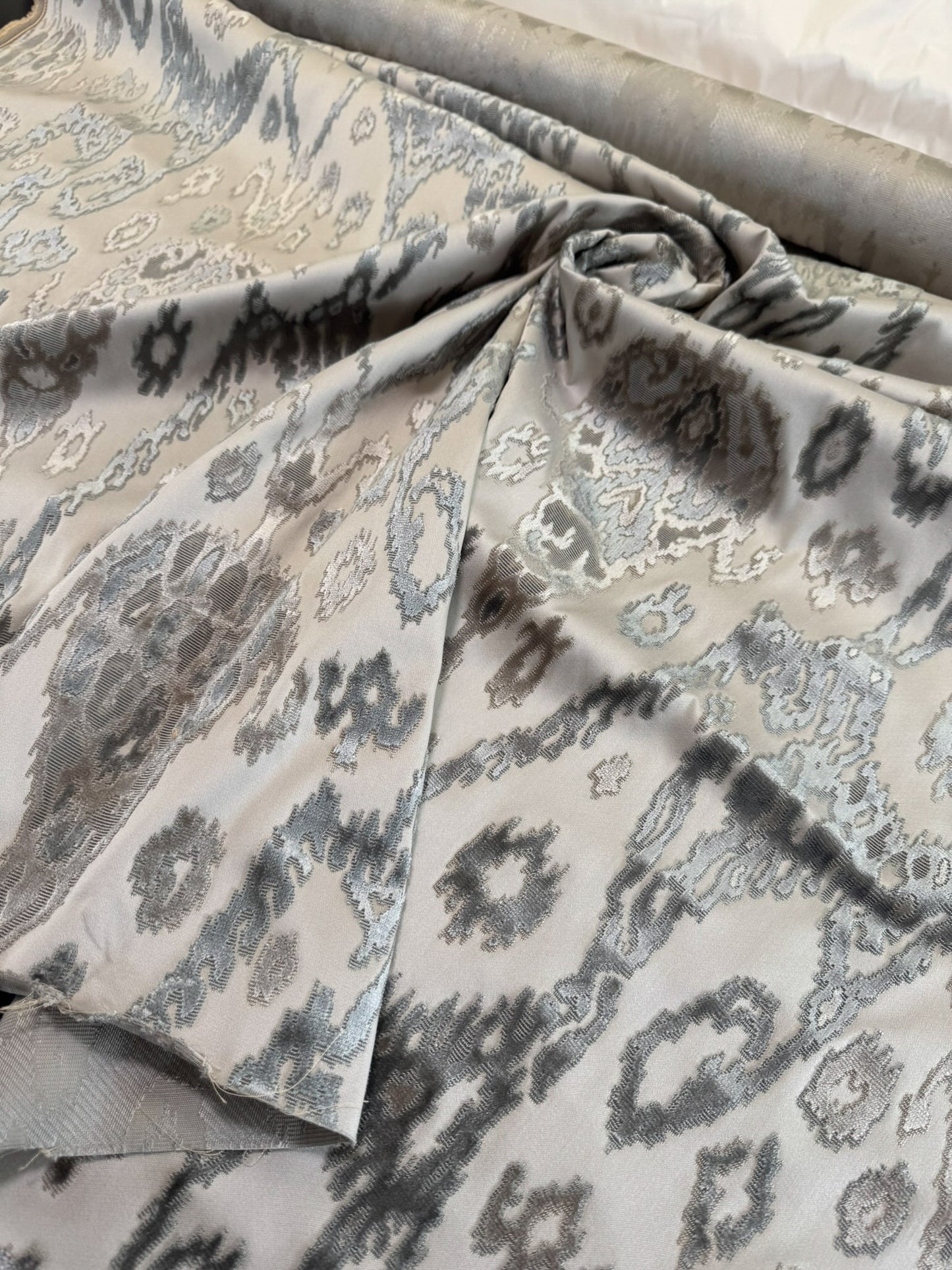 Scalamandre  Tai Lao Slate Gray Beige Velvet Ikat Paisley Viscose Cotton - By The Yard- MSRP USD 532/y