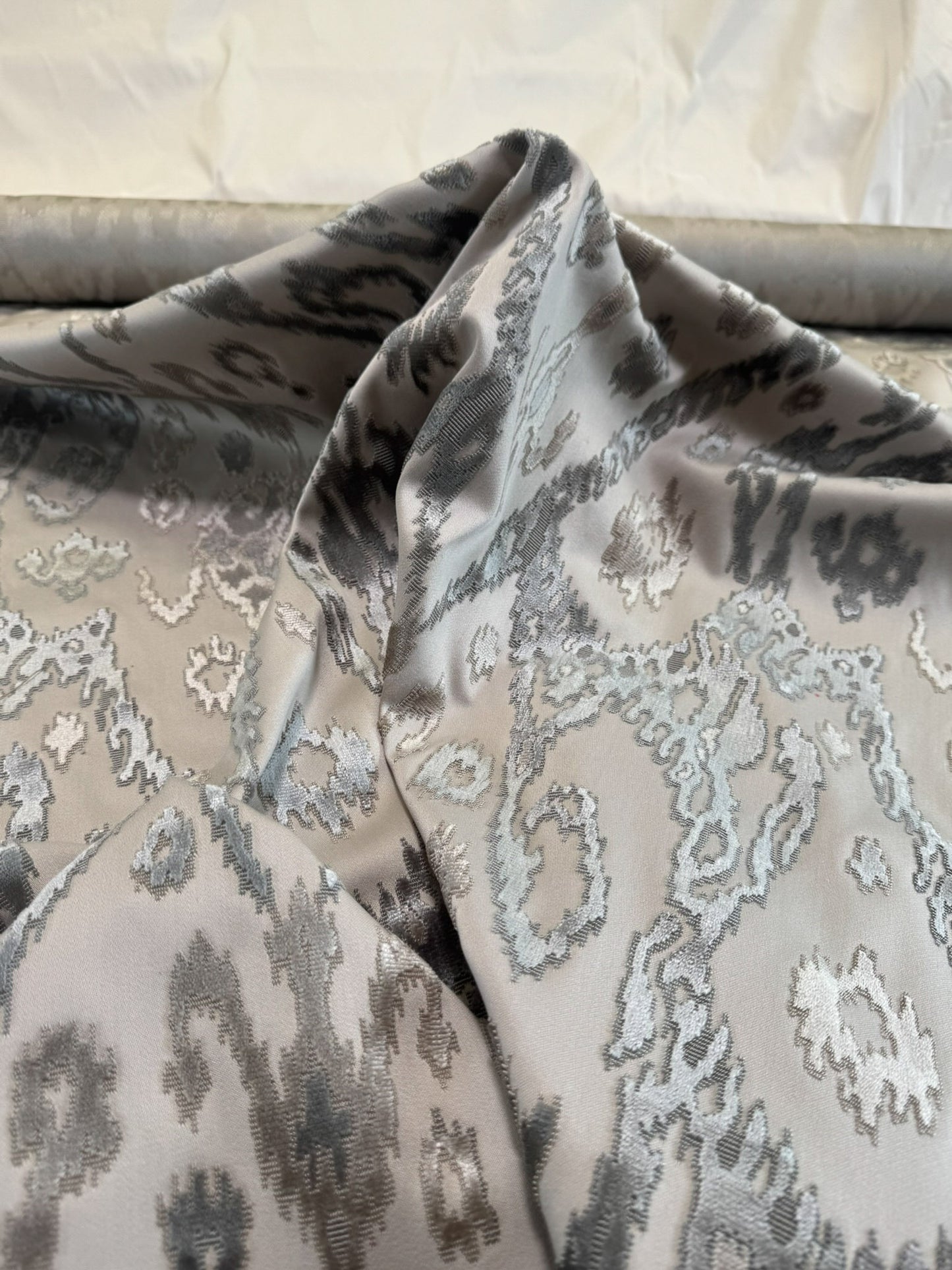 Scalamandre  Tai Lao Slate Gray Beige Velvet Ikat Paisley Viscose Cotton - By The Yard- MSRP USD 532/y