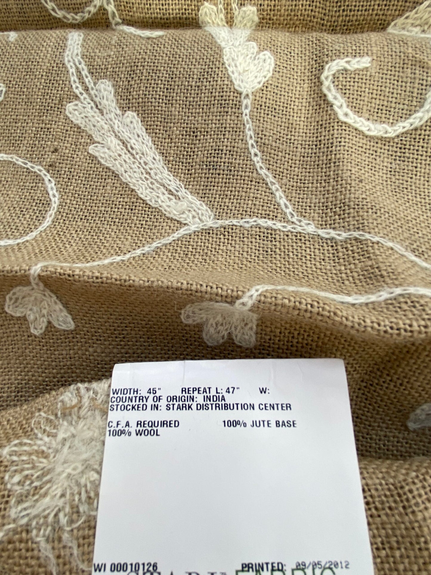 24 Berkbox75 Square Embroidery by Old World Weavers Balik Natural Wool Crewel On Jute MSRP USD 304/Y