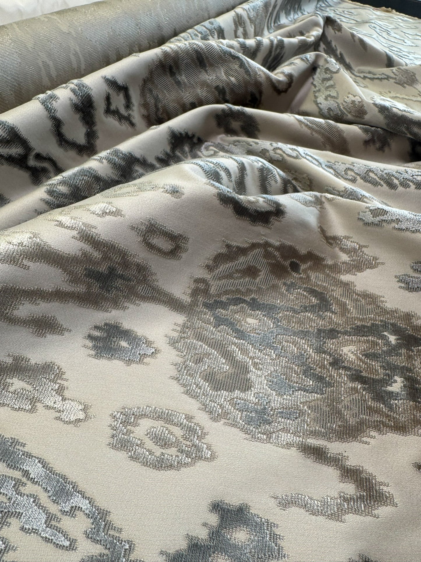 Scalamandre  Tai Lao Slate Gray Beige Velvet Ikat Paisley Viscose Cotton - By The Yard- MSRP USD 532/y