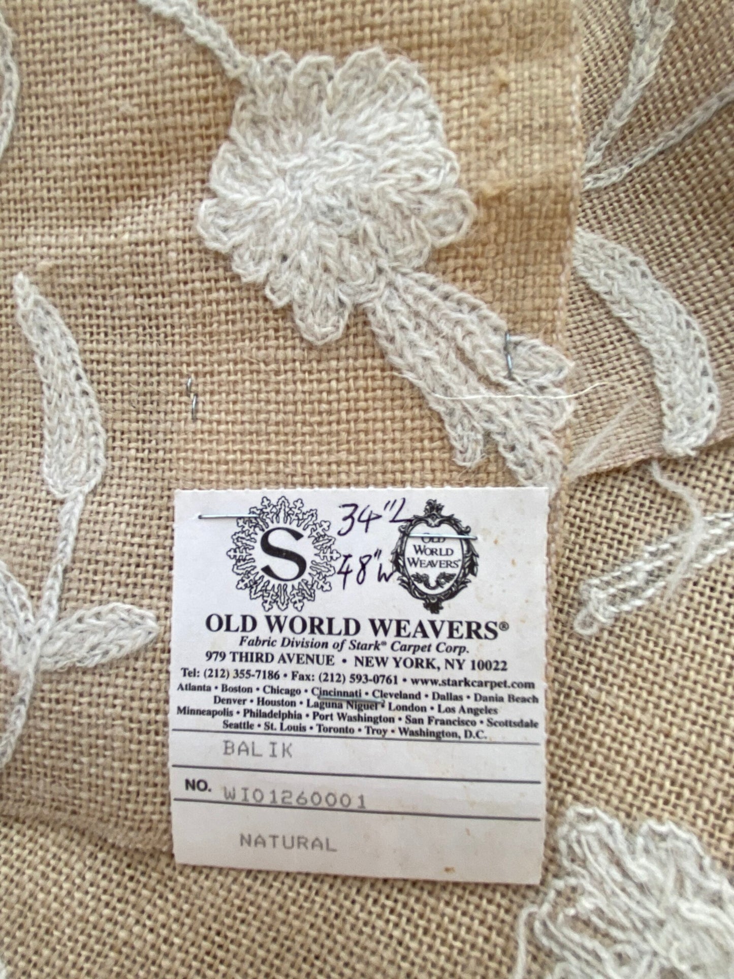 26 Berkbox75 Square Embroidery by Old World Weavers  Balik Natural Wool Crewel On Jute 34" X 48"  MSRP USD 304/Y