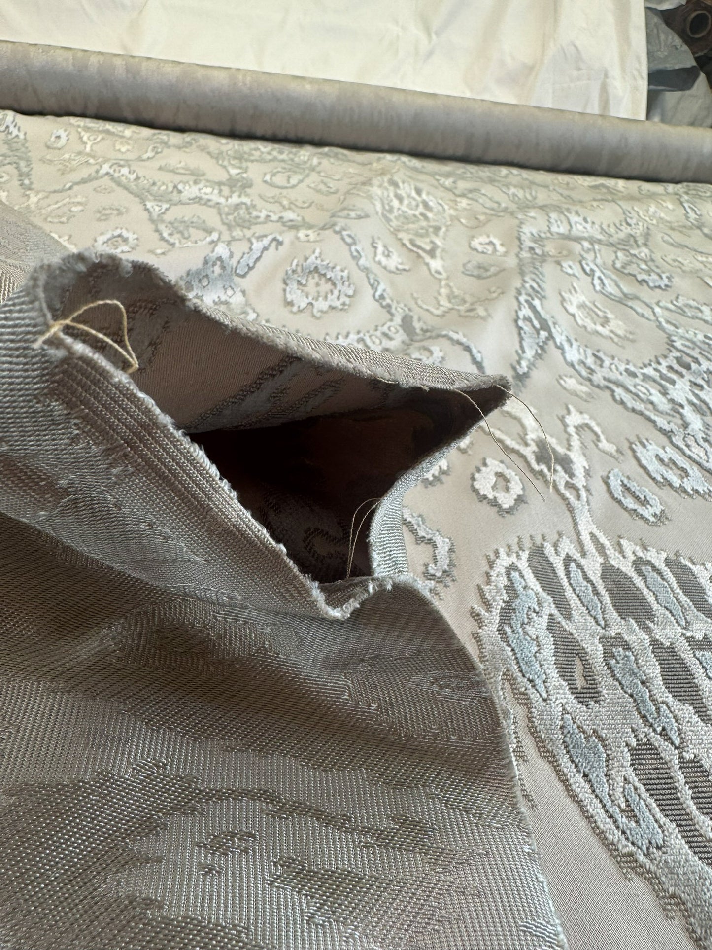 Scalamandre  Tai Lao Slate Gray Beige Velvet Ikat Paisley Viscose Cotton - By The Yard- MSRP USD 532/y