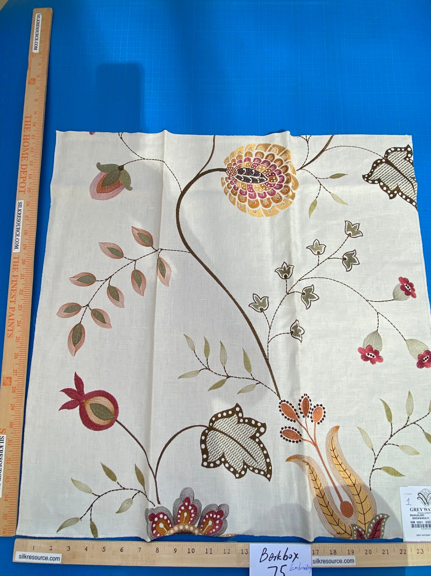 28 Berkbox75 Square Embroidery by Grey Watkins Mangalore Brown on Natural Botanical Foliage MSRP USD 240/Y