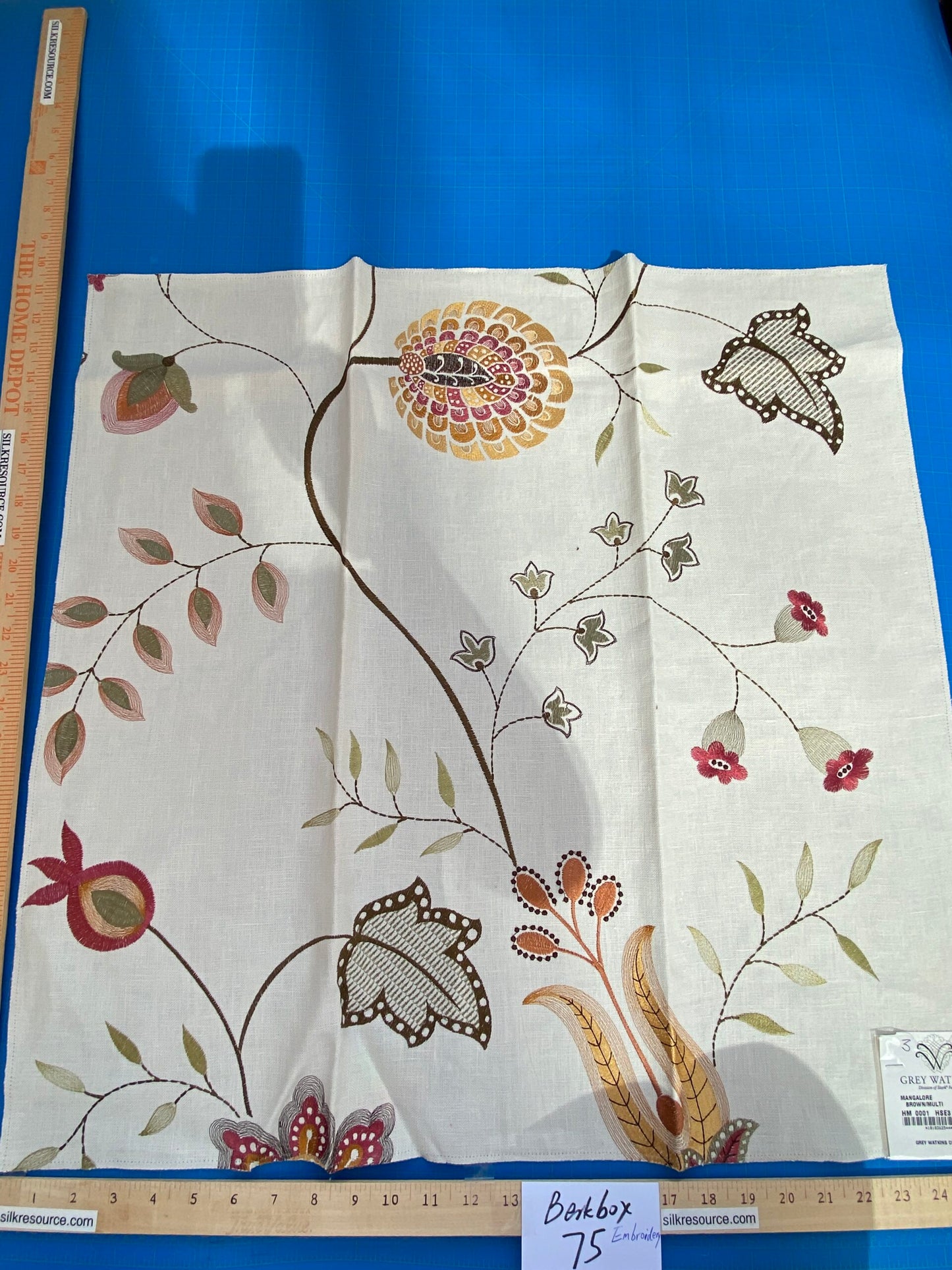 30 Berkbox75 Square Embroidery by Grey Watkins Mangalore Brown on Natural Botanical Foliage MSRP USD 240/Y