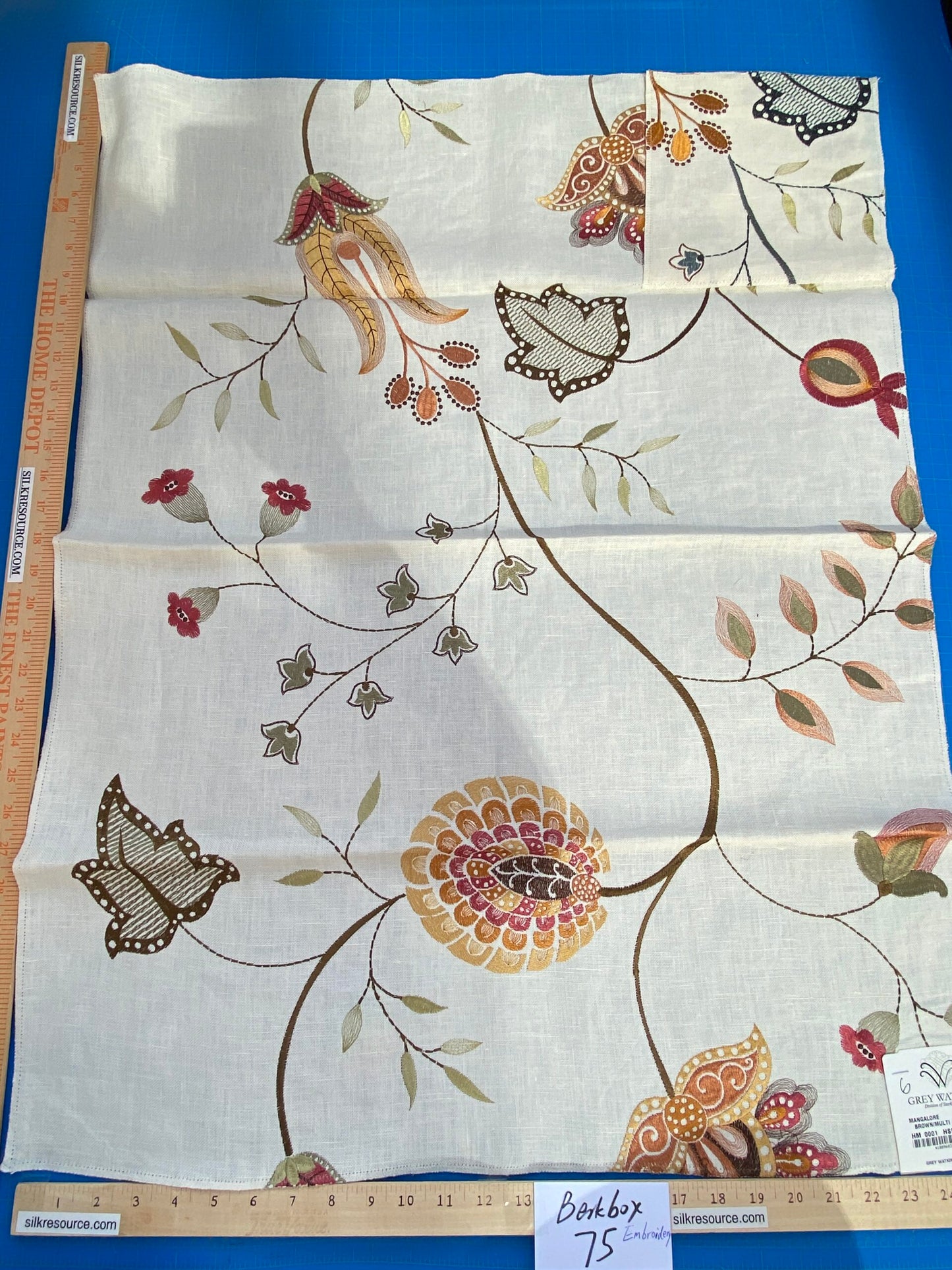 33 Berkbox75 Square Embroidery by Grey Watkins Mangalore Brown on Natural Botanical Foliage MSRP USD 240/Y