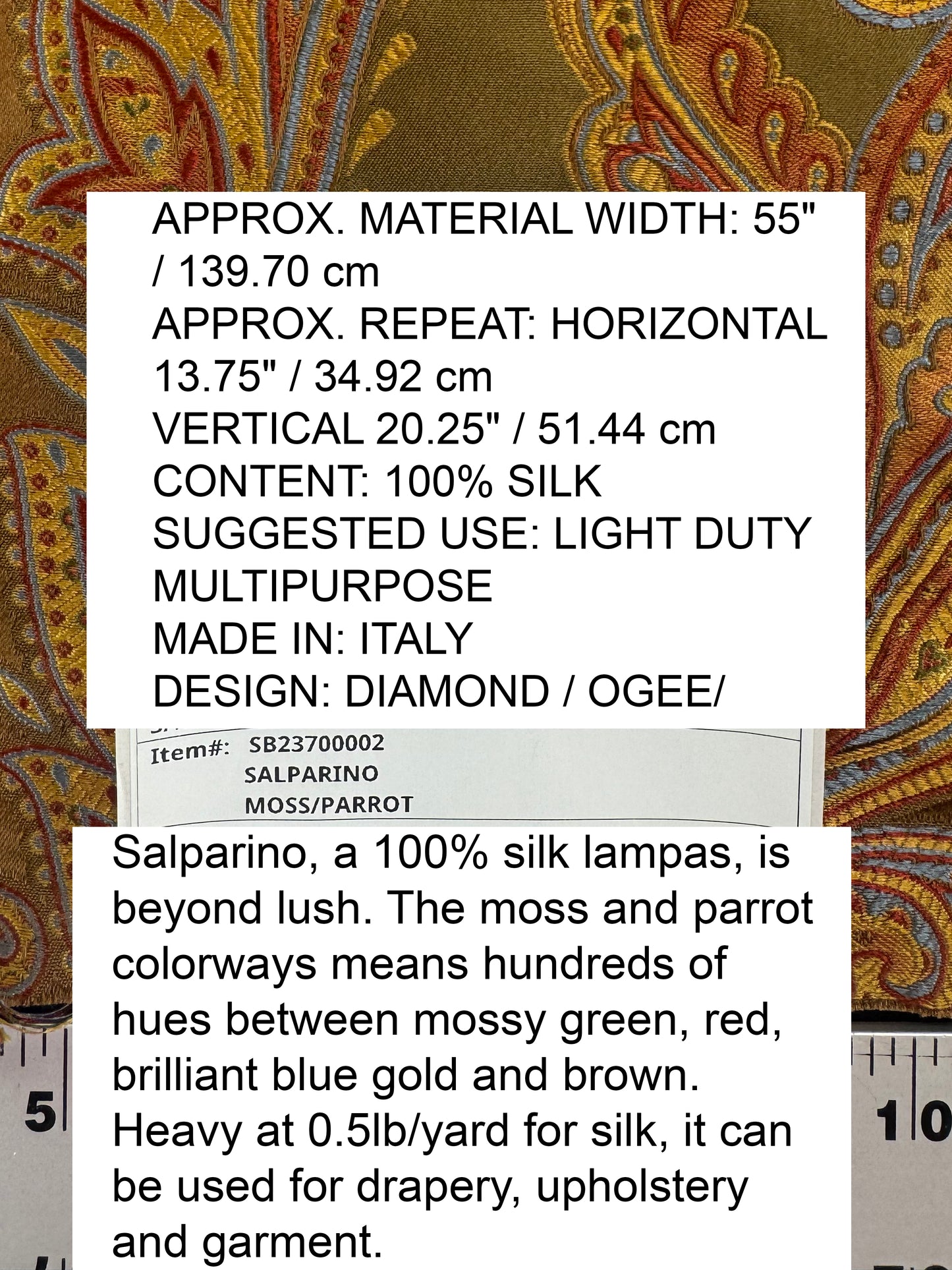 0.47yard Scalamandre Salparino Moss Parrot Paisley 100% Silk Lampas -Green Gold Blue Red -MSRP USD456/y