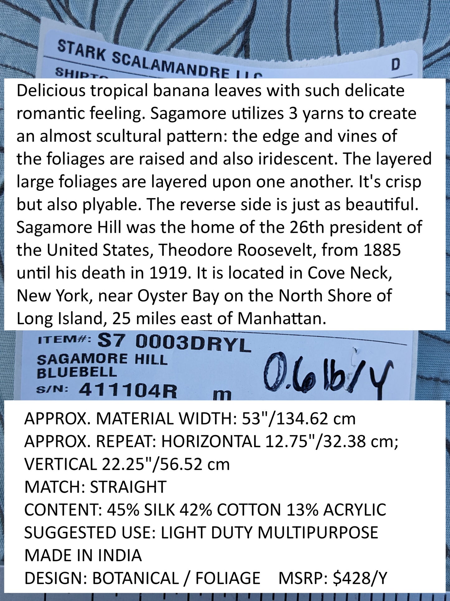 Scalamandre Sagamore Hill Bluebell Blue Large Silk Lampas Tropical Foliage Old World Weavers MSRP USD 492/Y