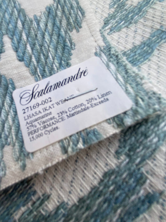 36 Berkbox75 Square Embroidery by Scalamandre Lhasa Ikat Weave Aquamarine Blue and White MSRP USD 362/Y