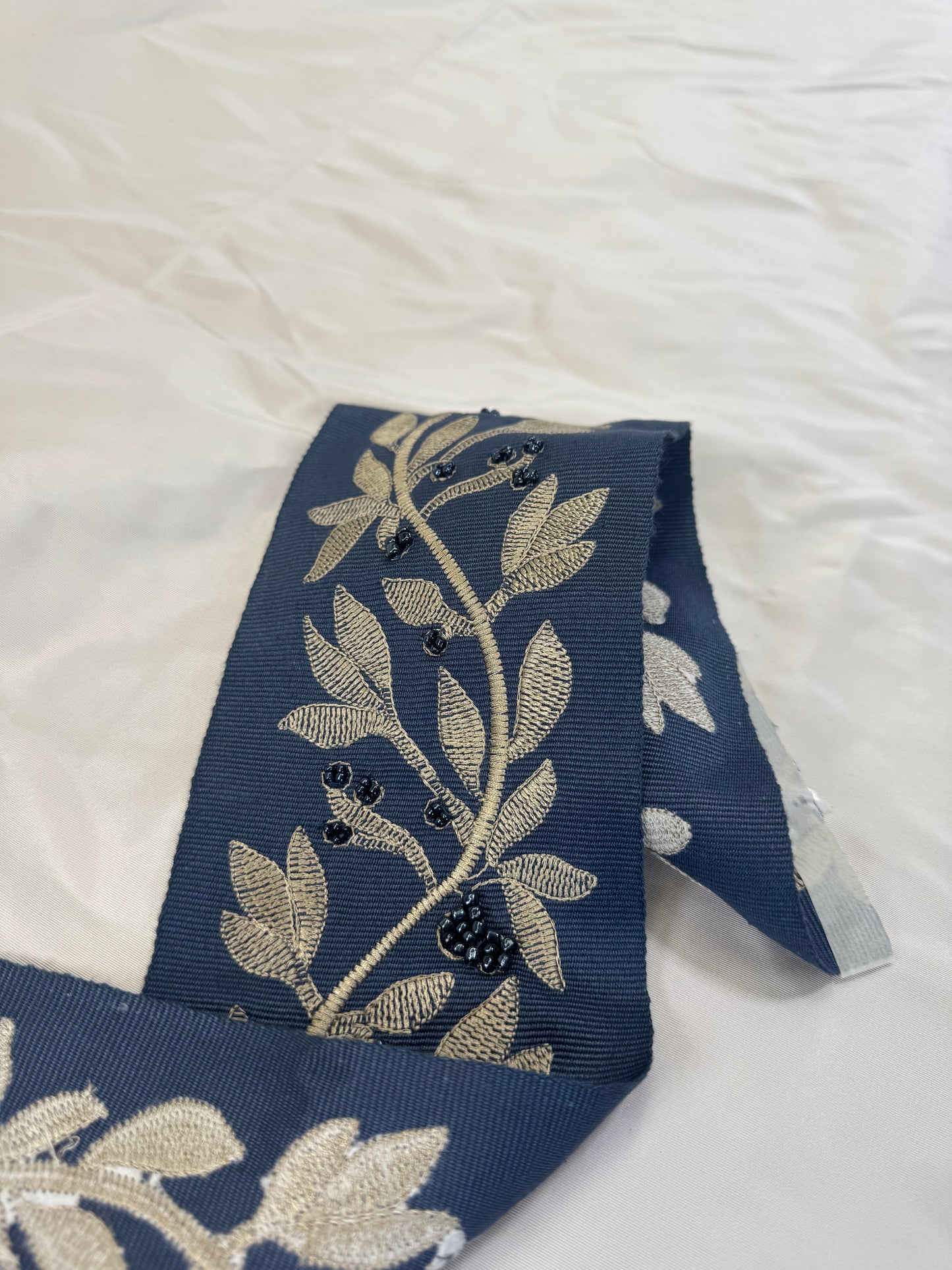 Scalamandre Laurel Embroidered Tape Indigo Blue Glass Beads Metallic Thread Hand Made MSRP USD148.40/y