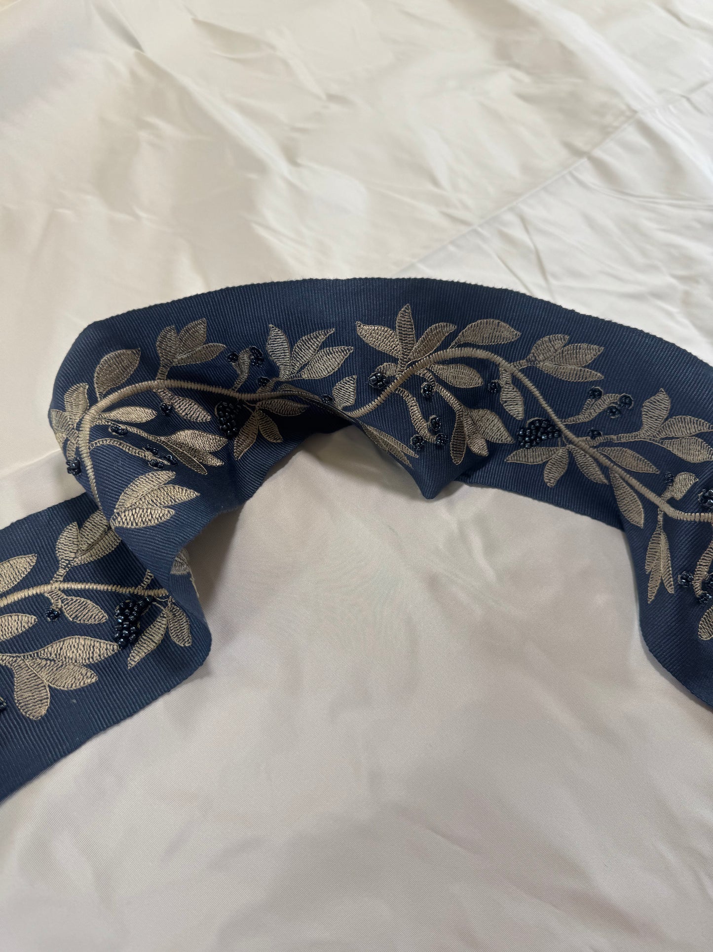 Scalamandre Laurel Embroidered Tape Indigo Blue Glass Beads Metallic Thread Hand Made MSRP USD148.40/y