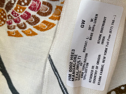 41 Berkbox75 Square Embroidery by Scalamandre Mangalore Teal/ Multi Brown White Floral MSRP USD 240/Y