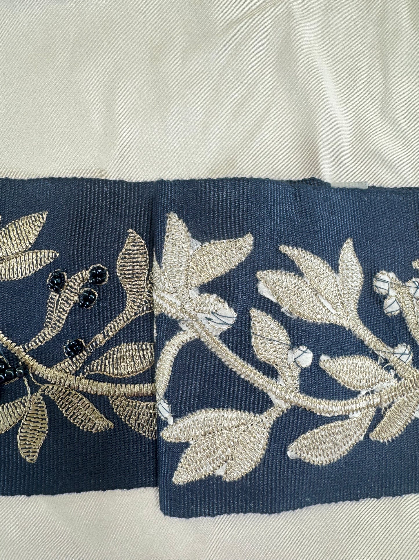 Scalamandre Laurel Embroidered Tape Indigo Blue Glass Beads Metallic Thread Hand Made MSRP USD148.40/y