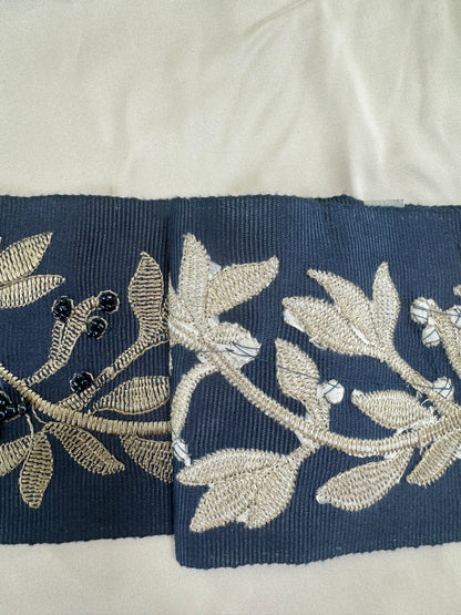 Scalamandre Laurel Embroidered Tape Indigo Blue Glass Beads Metallic Thread Hand Made MSRP USD148.40/y