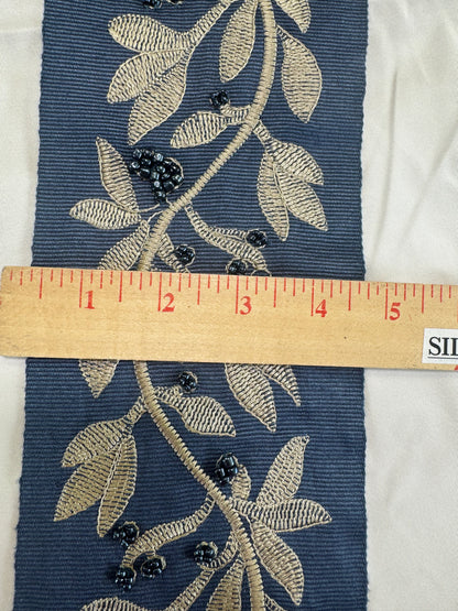 Scalamandre Laurel Embroidered Tape Indigo Blue Glass Beads Metallic Thread Hand Made MSRP USD148.40/y
