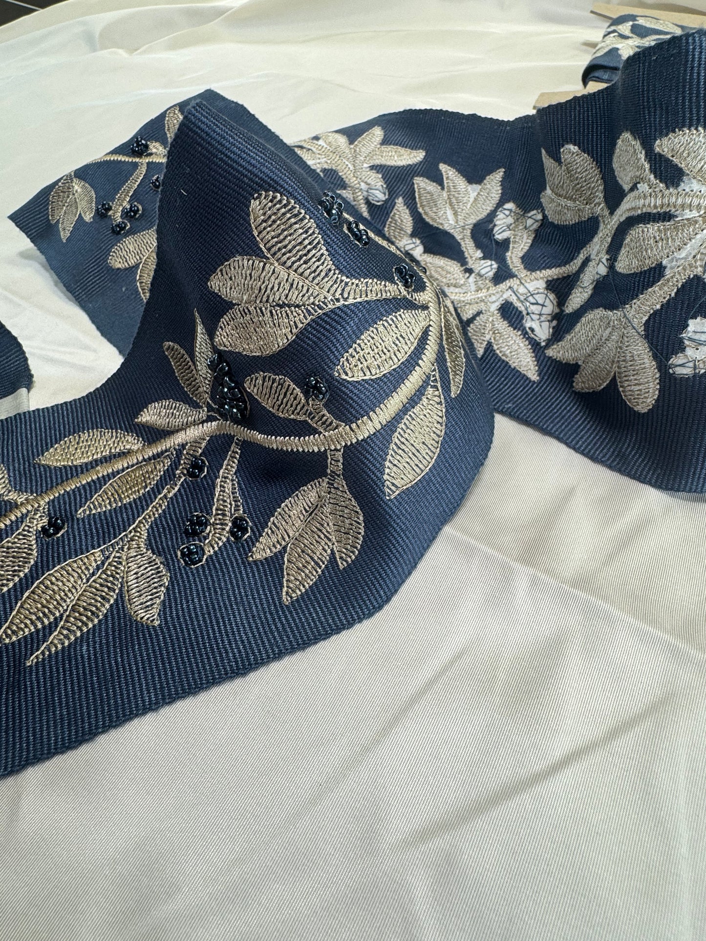 Scalamandre Laurel Embroidered Tape Indigo Blue Glass Beads Metallic Thread Hand Made MSRP USD148.40/y
