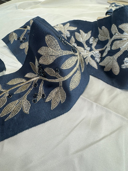 Scalamandre Laurel Embroidered Tape Indigo Blue Glass Beads Metallic Thread Hand Made MSRP USD148.40/y