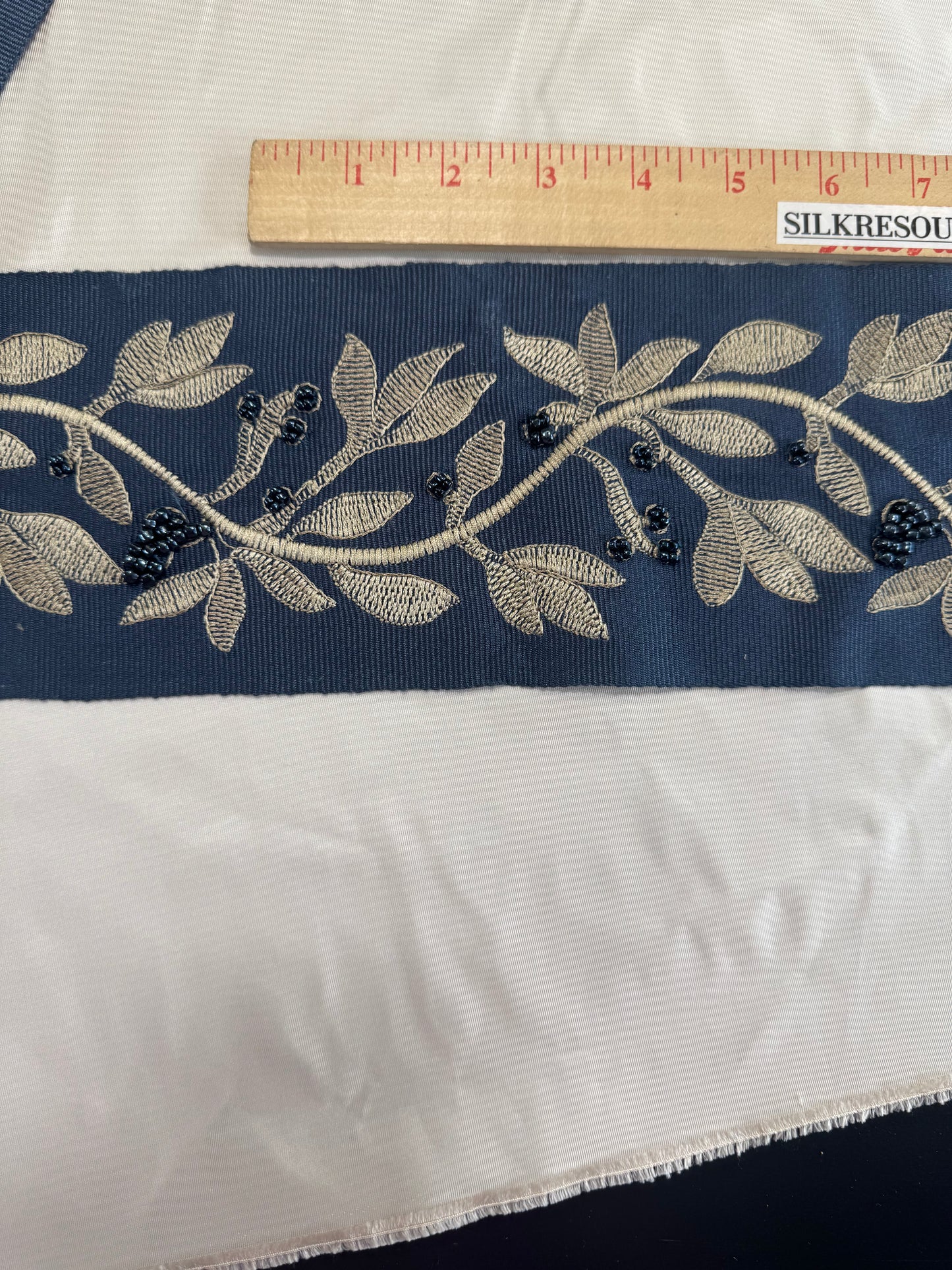Scalamandre Laurel Embroidered Tape Indigo Blue Glass Beads Metallic Thread Hand Made MSRP USD148.40/y