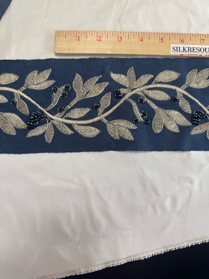 Scalamandre Laurel Embroidered Tape Indigo Blue Glass Beads Metallic Thread Hand Made MSRP USD148.40/y