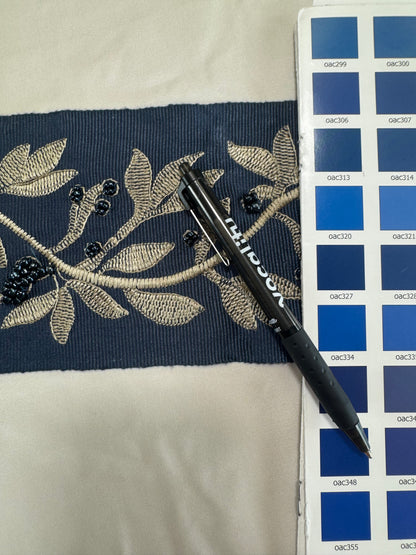 Scalamandre Laurel Embroidered Tape Indigo Blue Glass Beads Metallic Thread Hand Made MSRP USD148.40/y