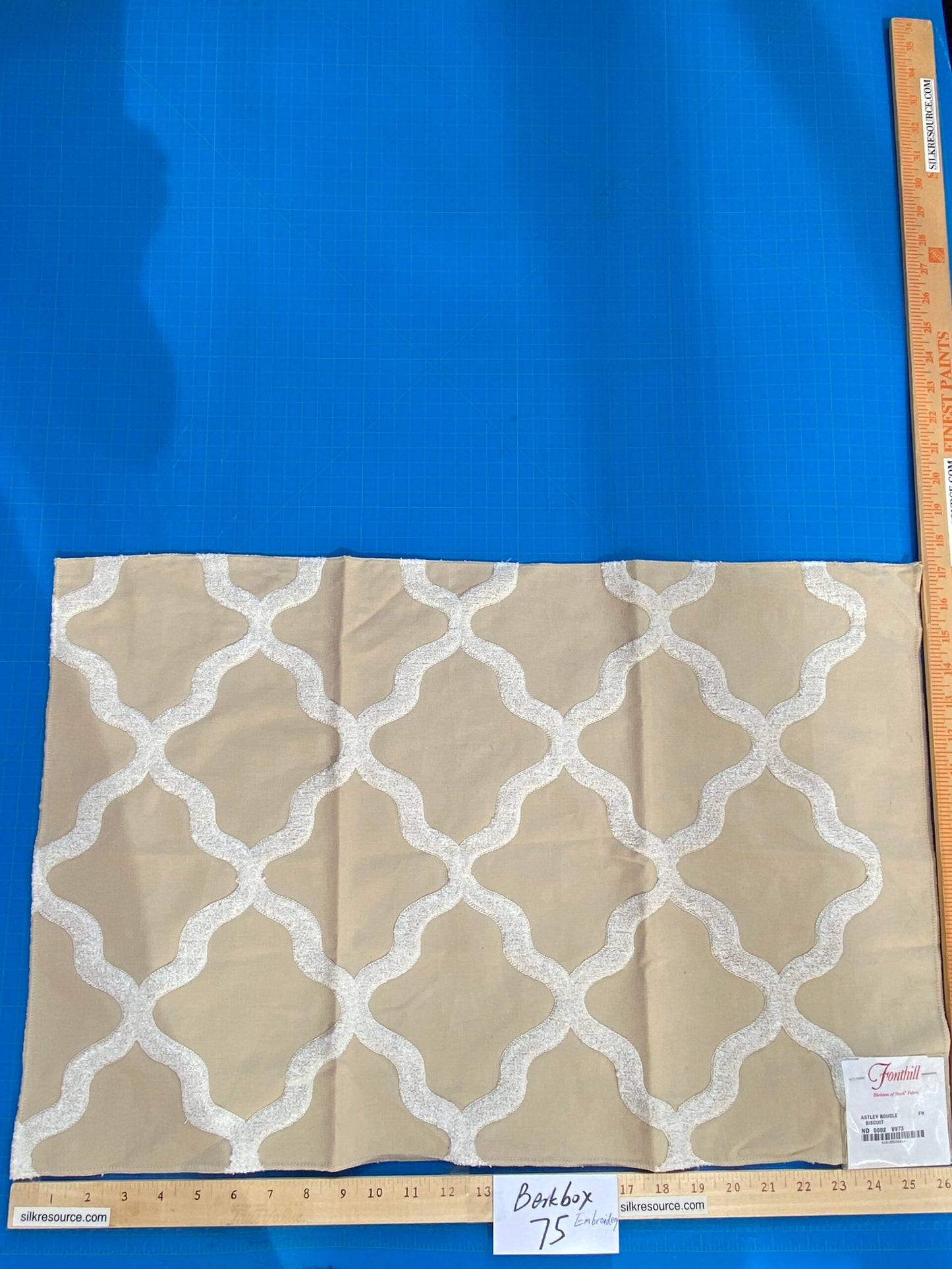 45 Berkbox75 Square Embroidery by Fonthill Astley Boucle Biscuit Beige White Diamond Ogee Cotton MSRP USD 338/Y