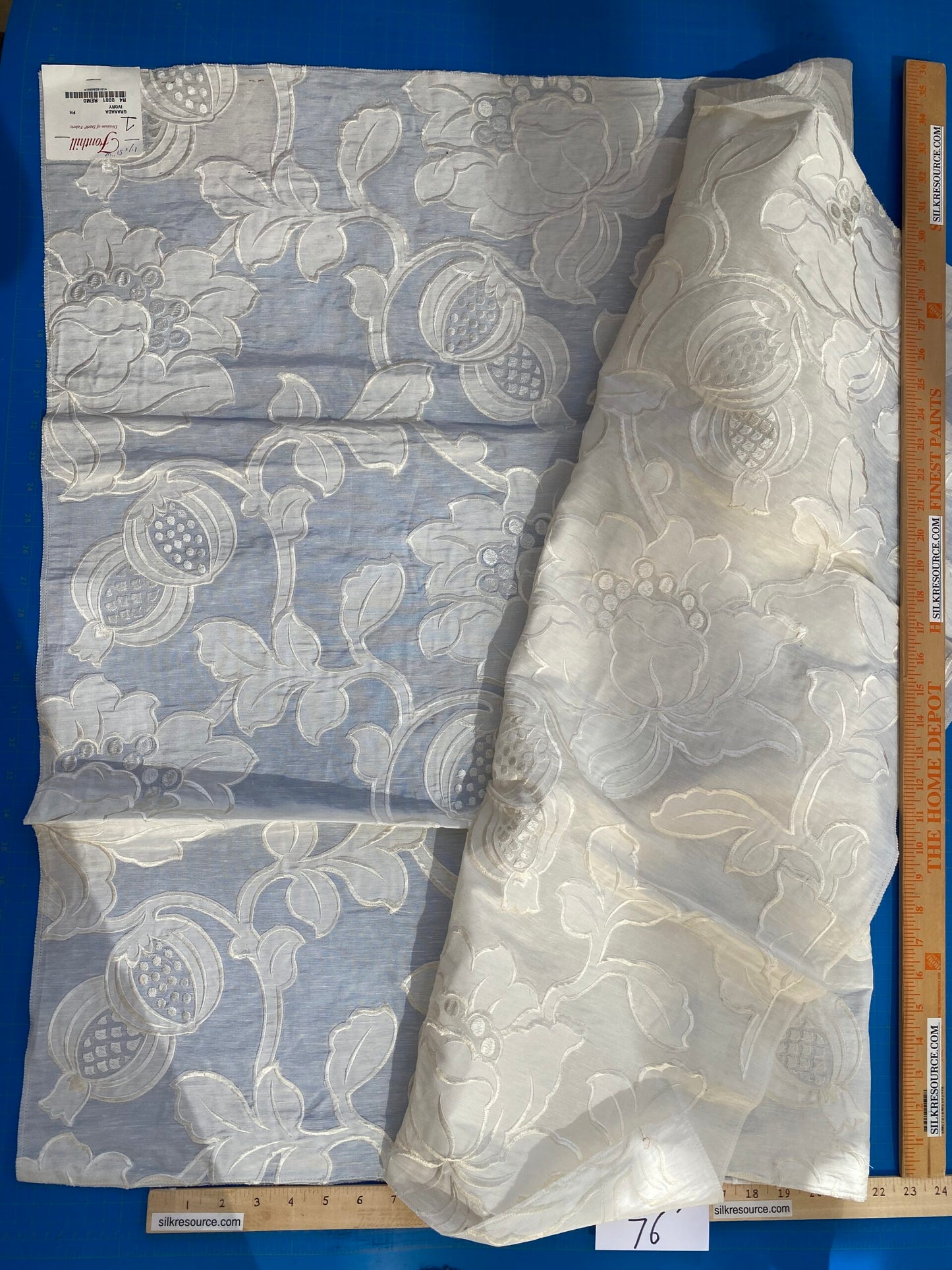 1 Berkbox76 Square Embroidery by Fonthill Granada Ivory White Peony Pomegranate Embroidery Linen Sheer 1yd X 51"MSRP USD 230y