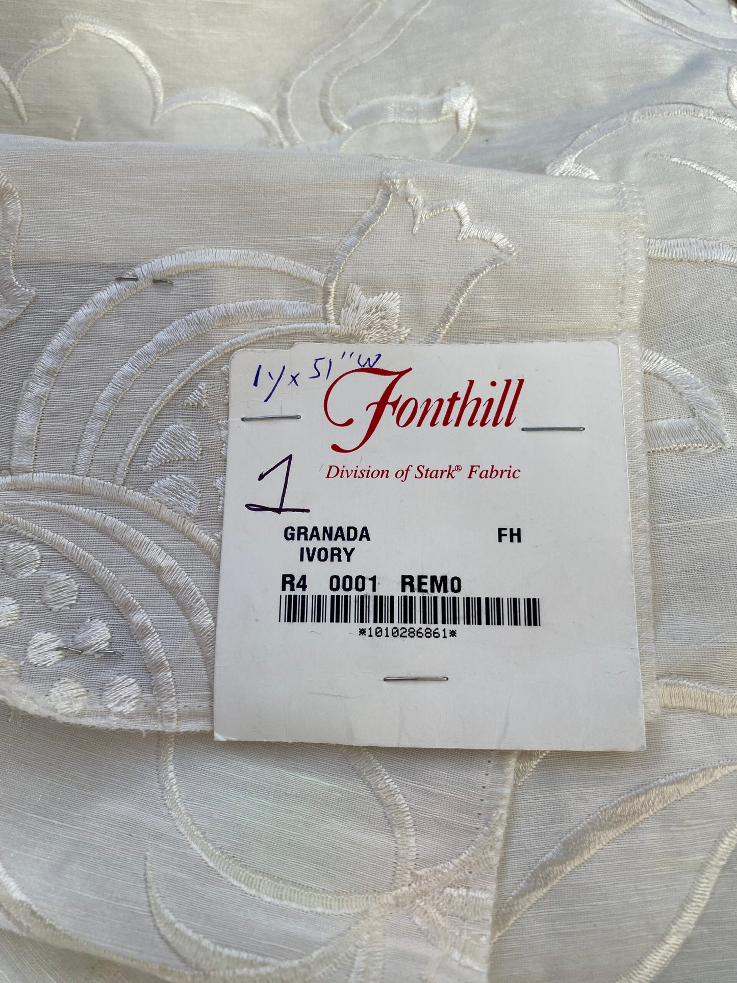 1 Berkbox76 Square Embroidery by Fonthill Granada Ivory White Peony Pomegranate Embroidery Linen Sheer 1yd X 51"MSRP USD 230y