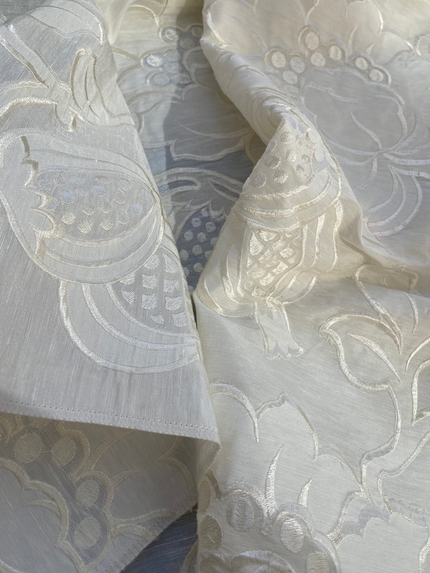 1 Berkbox76 Square Embroidery by Fonthill Granada Ivory White Peony Pomegranate Embroidery Linen Sheer 1yd X 51"MSRP USD 230y