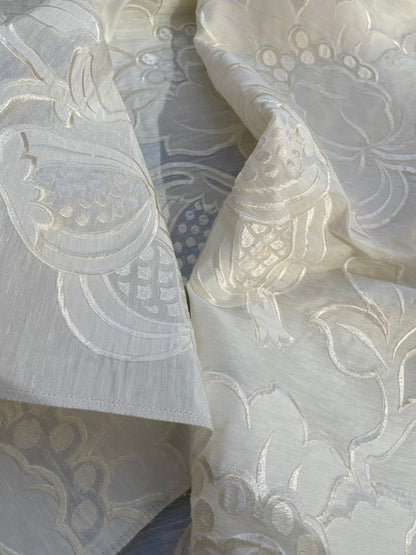 1 Berkbox76 Square Embroidery by Fonthill Granada Ivory White Peony Pomegranate Embroidery Linen Sheer 1yd X 51"MSRP USD 230y