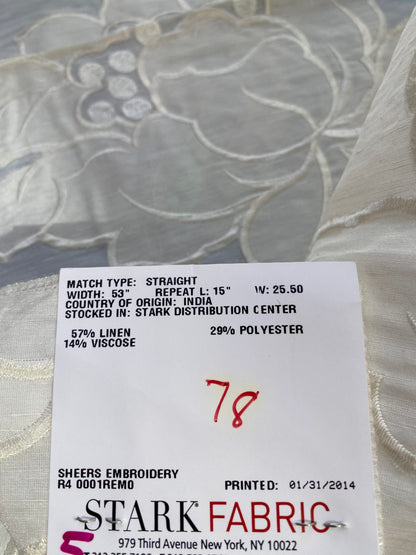 2 Berkbox76 Square Embroidery by Fonthill Granada Ivory White Peony Pomegranate Embroidery Linen Sheer MSRP USD 230y