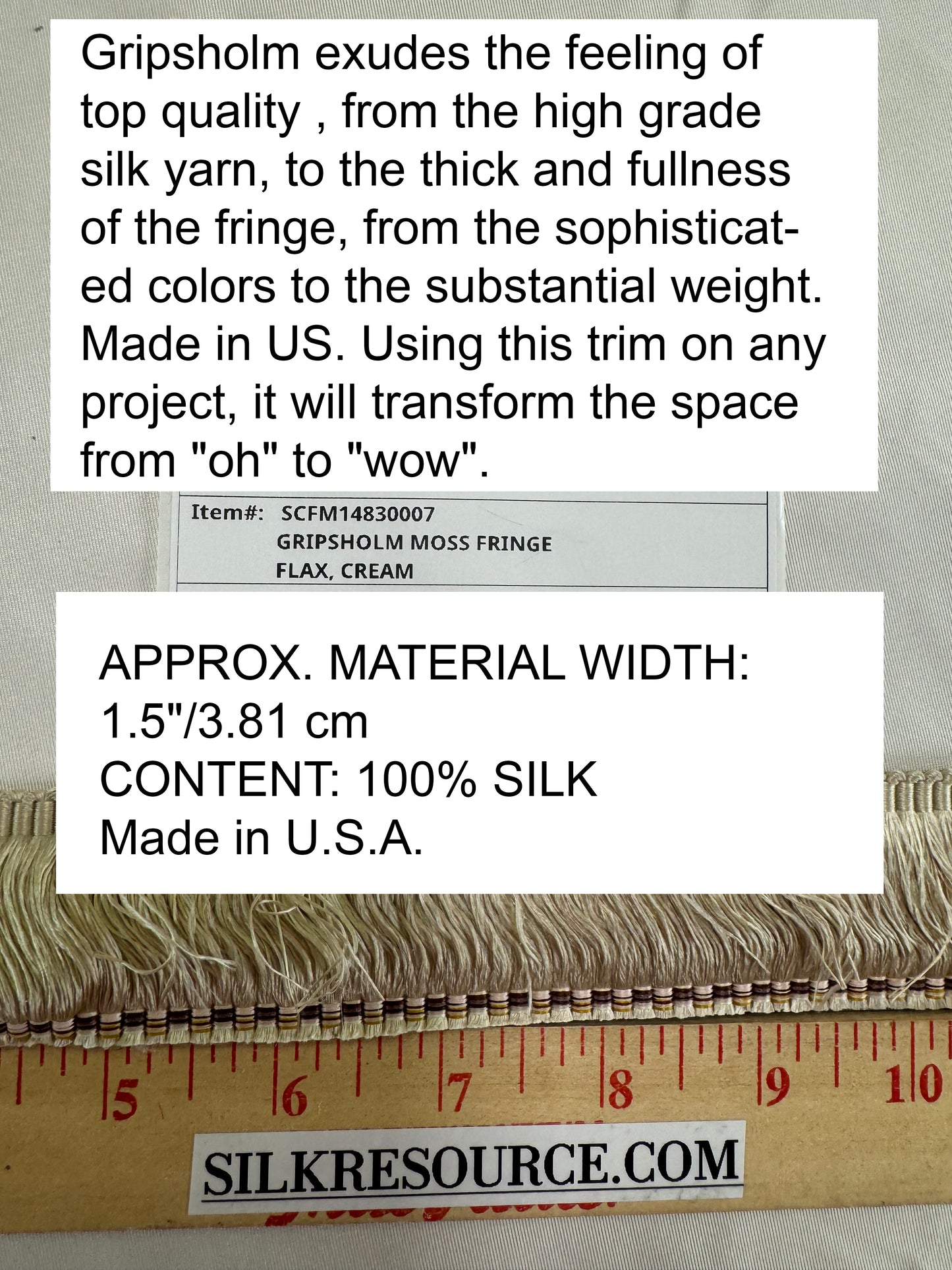 Scalamandre Gripsholm Moss Fringe  Flax Cream White Tassel 100% Silk MSRP USD 72/y