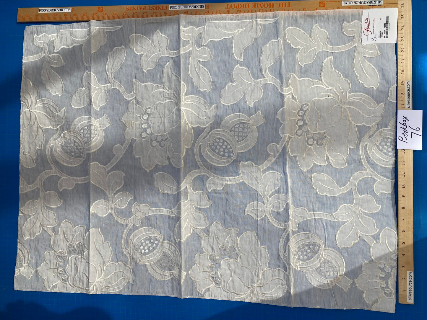 3 Berkbox76 Square Embroidery by Fonthill Granada Ivory White Peony Pomegranate Embroidery Linen Sheer MSRP USD 230y